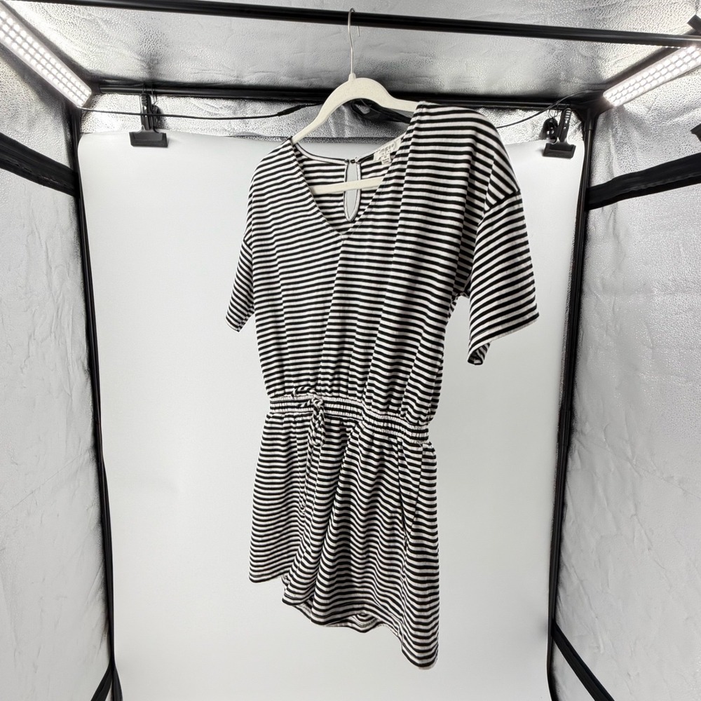Umgee USA Black White Striped Knit Romper Elastic Waist Back Medium